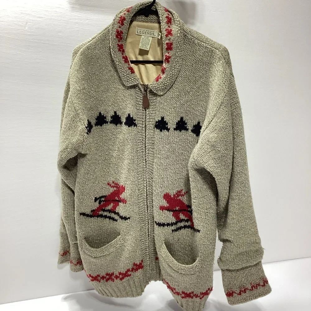 Vintage Eddie Bauer Legends Wool Cardigan Sweater Zip Front Ski Design Medium